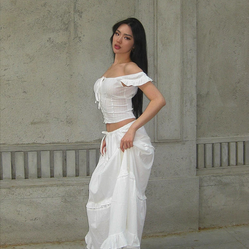 Pure Desire Cute Off-shoulder Top & Flared Long Skirt Set
