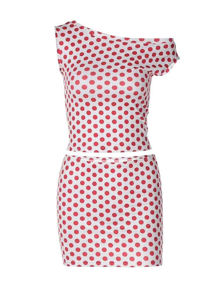 The Polka Asymmetric Shoulder Top & Satin Mini-skirt Two-piece Set