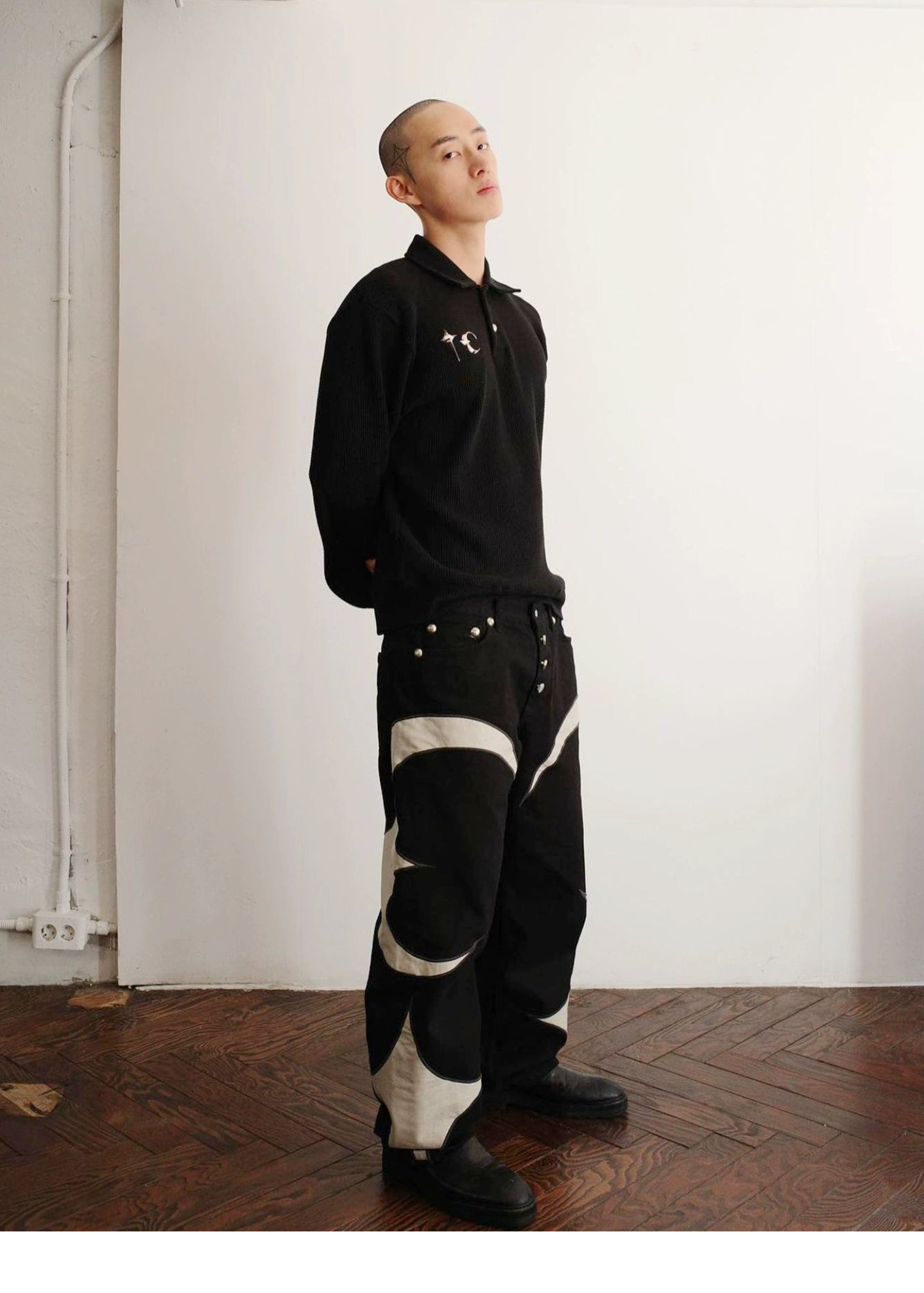 THUG CLUB  Leather Black Denim Pants