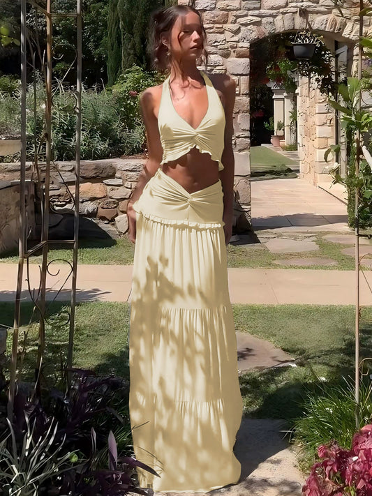 The Stilletto Knot Halter V-neck Top & Maxi Long skirt Two-piece Set