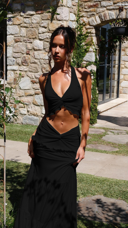 The Stilletto Knot Halter V-neck Top & Maxi Long skirt Two-piece Set