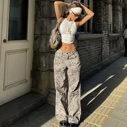 WOMEN LEOPARD PRINT POCKET LOOSE CASUAL JEANS