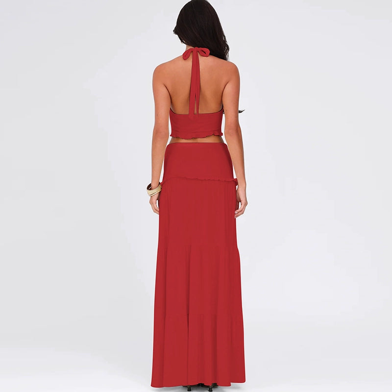 The Stilletto Knot Halter V-neck Top & Maxi Long skirt Two-piece Set