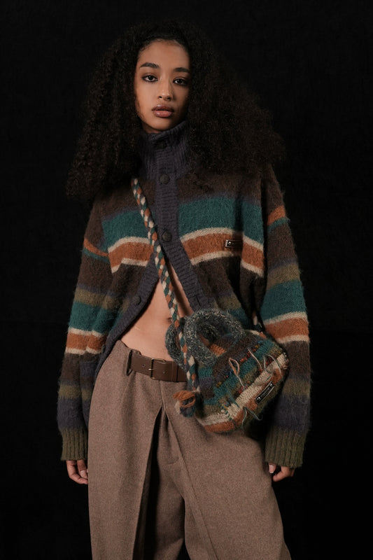MASONPRINCE Striped  Knitted Cardigan Sweater [Coffee]