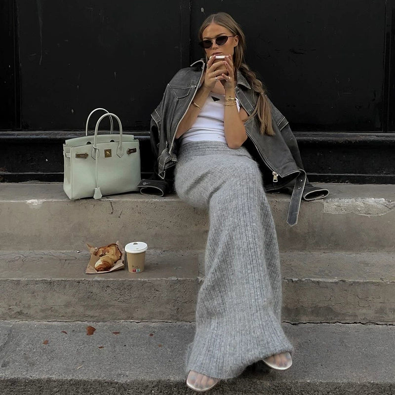 Moth Fluffy Knitted Long Skirt Set