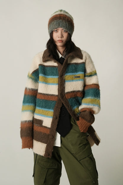 MASONPRINCE Striped  Knitted Cardigan Sweater [Apricot]