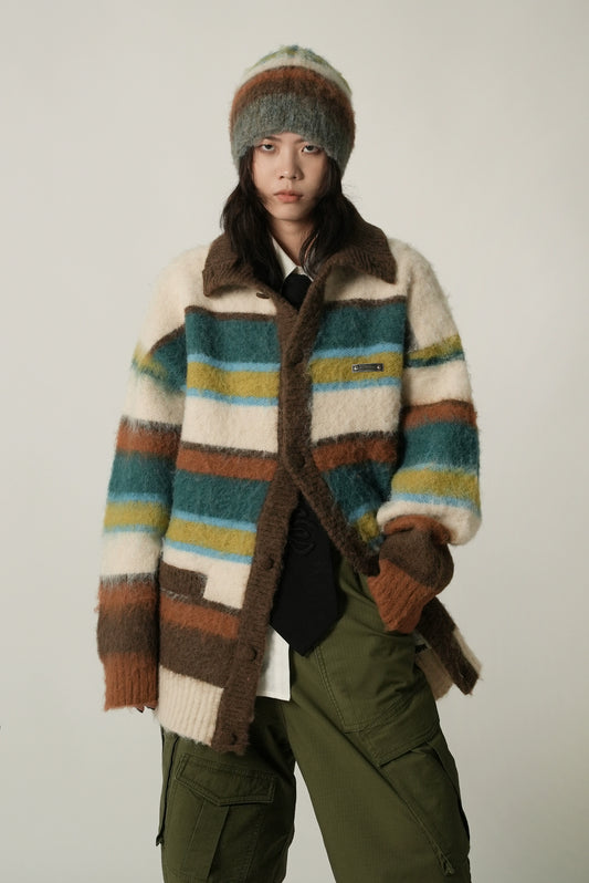 MASONPRINCE Striped  Knitted Cardigan Sweater [Apricot]