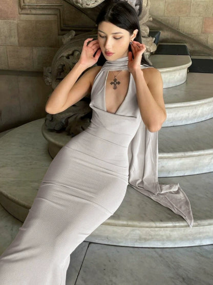 Bad Intentions Halter Scarf Neck Plain Slit Maxi Sheath Dress