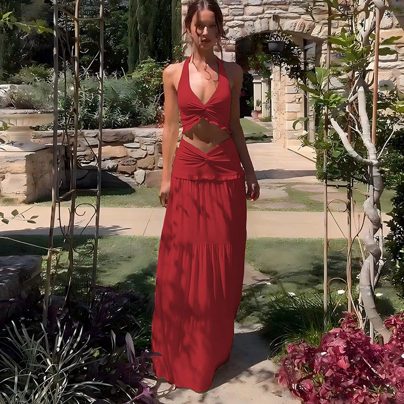 The Stilletto Knot Halter V-neck Top & Maxi Long skirt Two-piece Set