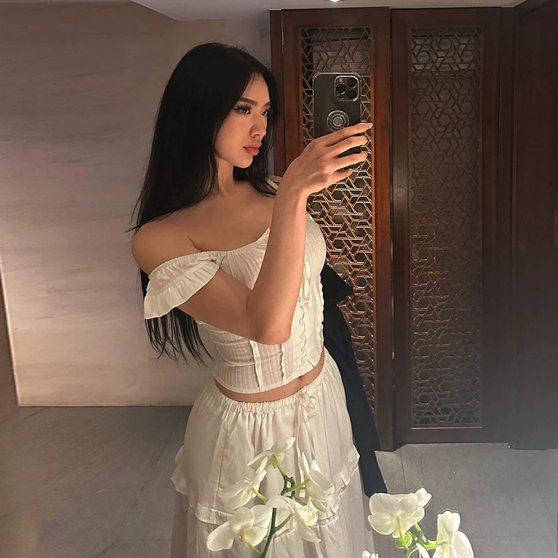 Pure Desire Cute Off-shoulder Top & Flared Long Skirt Set