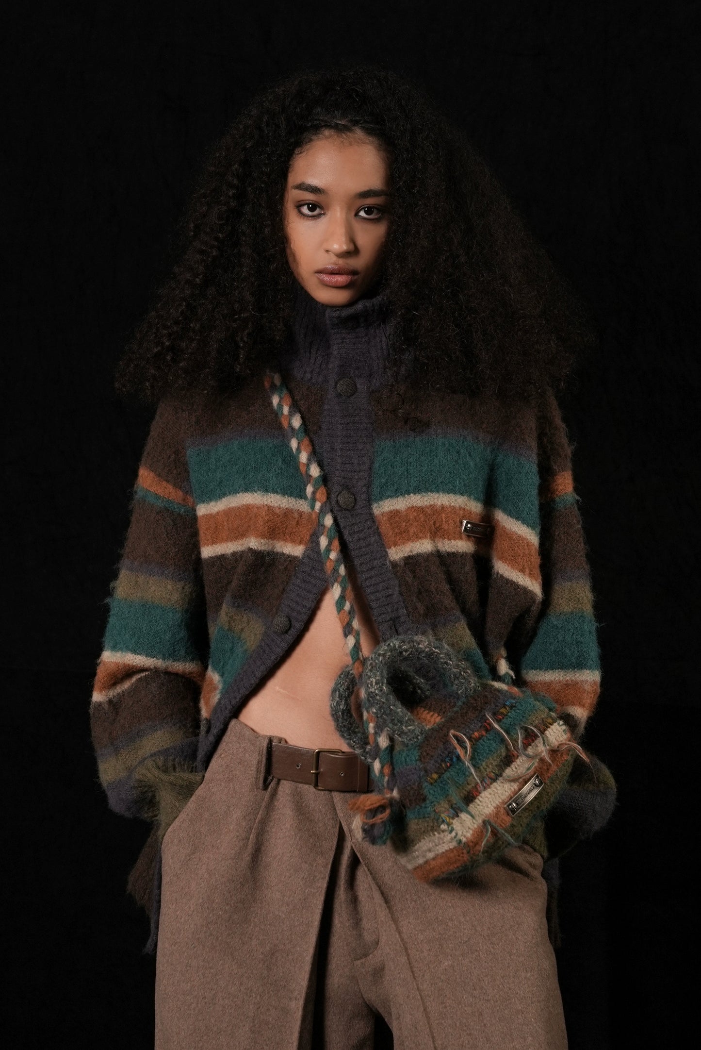 MASONPRINCE Striped  Knitted Cardigan Sweater [Coffee]