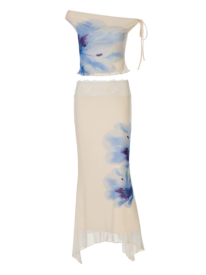 The Latif Asymmetric Shoulder Top & Slanted strappy boulder skirt Two-piece Set