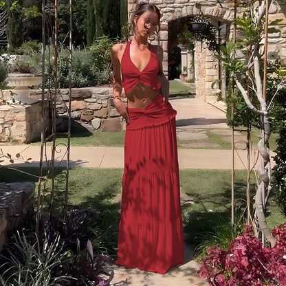 The Stilletto Knot Halter V-neck Top & Maxi Long skirt Two-piece Set