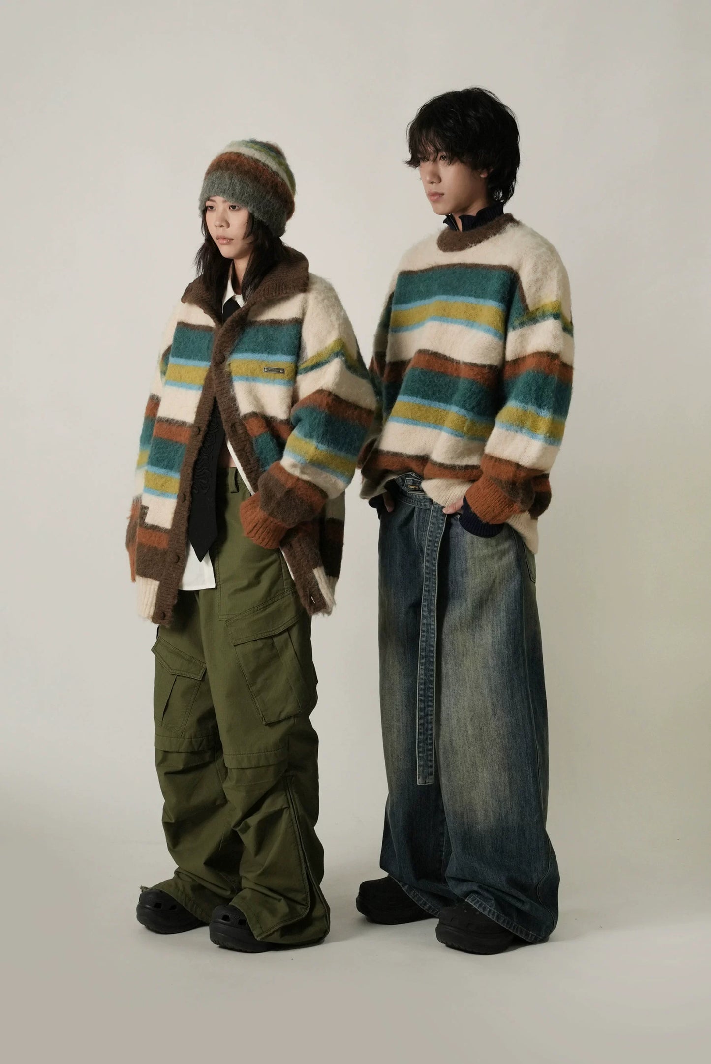 MASONPRINCE Striped  Knitted Cardigan Sweater [Apricot]