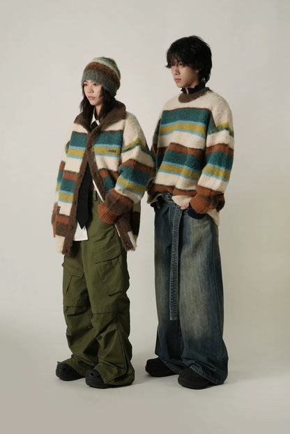 MASONPRINCE Striped  Knitted Cardigan Sweater [Apricot]