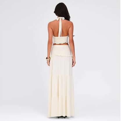 The Stilletto Knot Halter V-neck Top & Maxi Long skirt Two-piece Set