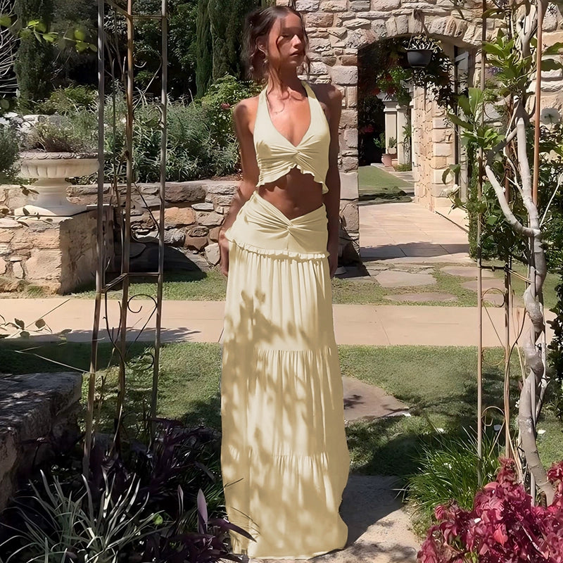The Stilletto Knot Halter V-neck Top & Maxi Long skirt Two-piece Set