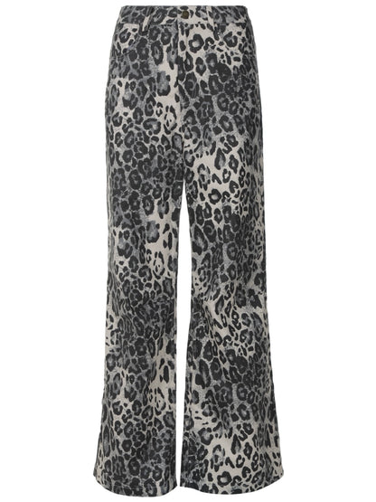 WOMEN LEOPARD PRINT POCKET LOOSE CASUAL JEANS