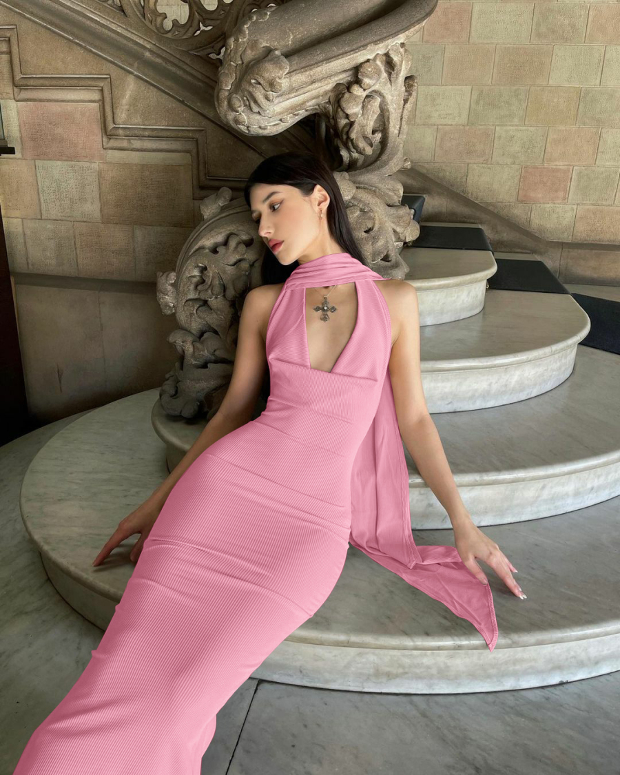 Bad Intentions Halter Scarf Neck Plain Slit Maxi Sheath Dress