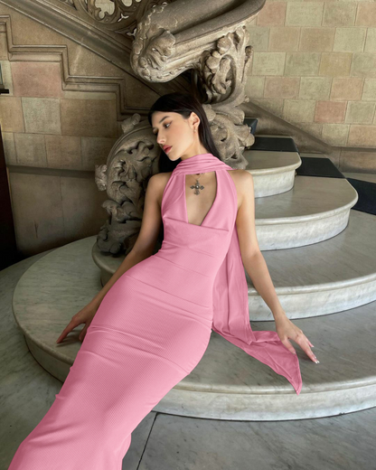 Bad Intentions Halter Scarf Neck Plain Slit Maxi Sheath Dress