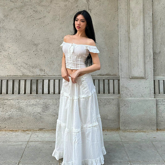 Pure Desire Cute Off-shoulder Top & Flared Long Skirt Set