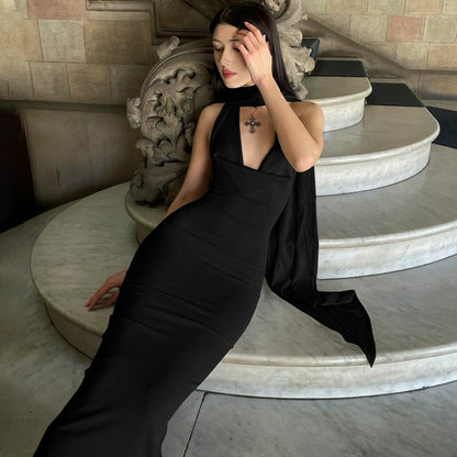 Bad Intentions Halter Scarf Neck Plain Slit Maxi Sheath Dress