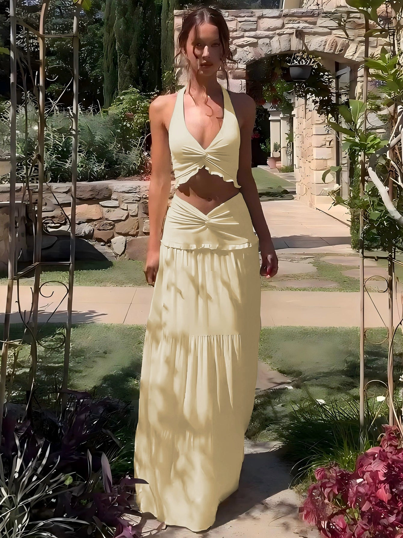 The Stilletto Knot Halter V-neck Top & Maxi Long skirt Two-piece Set